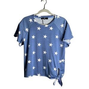 Coin 1804 Blue With White Stars Short Sleeve Tie Front Top Size Medium